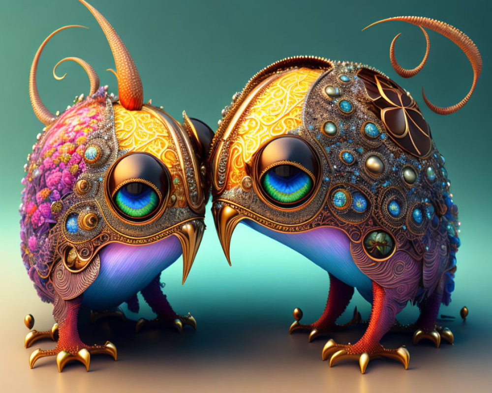 Colorful fantastical creatures with peacock-like eyes on teal background