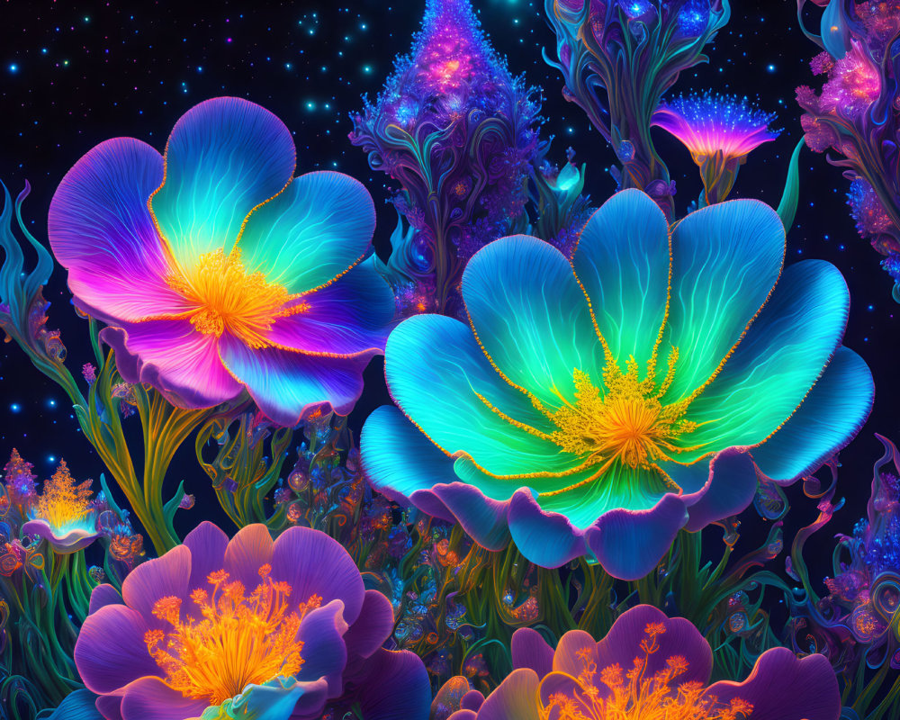 Fantastical neon-colored flowers in a starry night setting