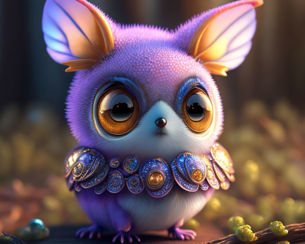 Whimsical 3D illustration of cute furry creature in magical forest