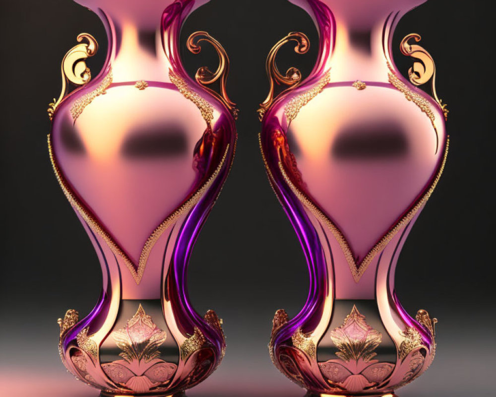 Ornate Reflective Vases with Gold Accents and Purple Hues