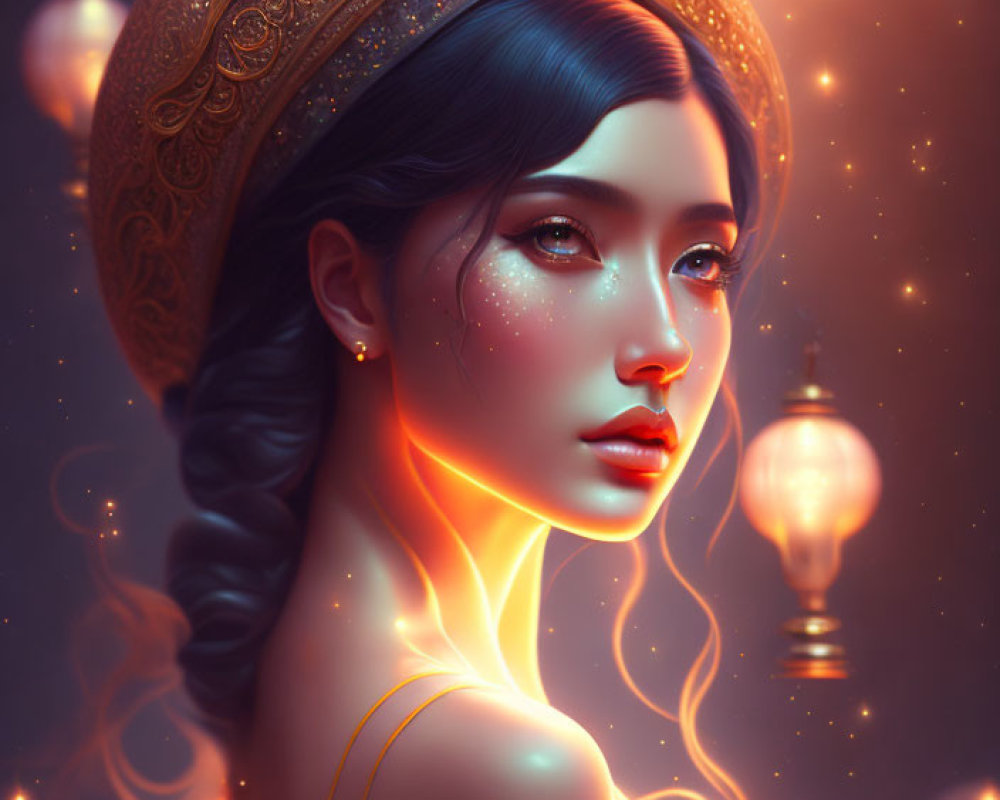 Digital portrait: Woman with braided hairstyle and decorative headpiece, surrounded by glowing lanterns. Spark