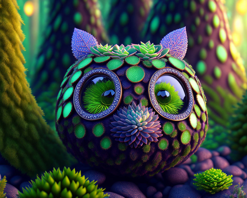 Whimsical owl-like creature with succulent plant feathers in garden setting