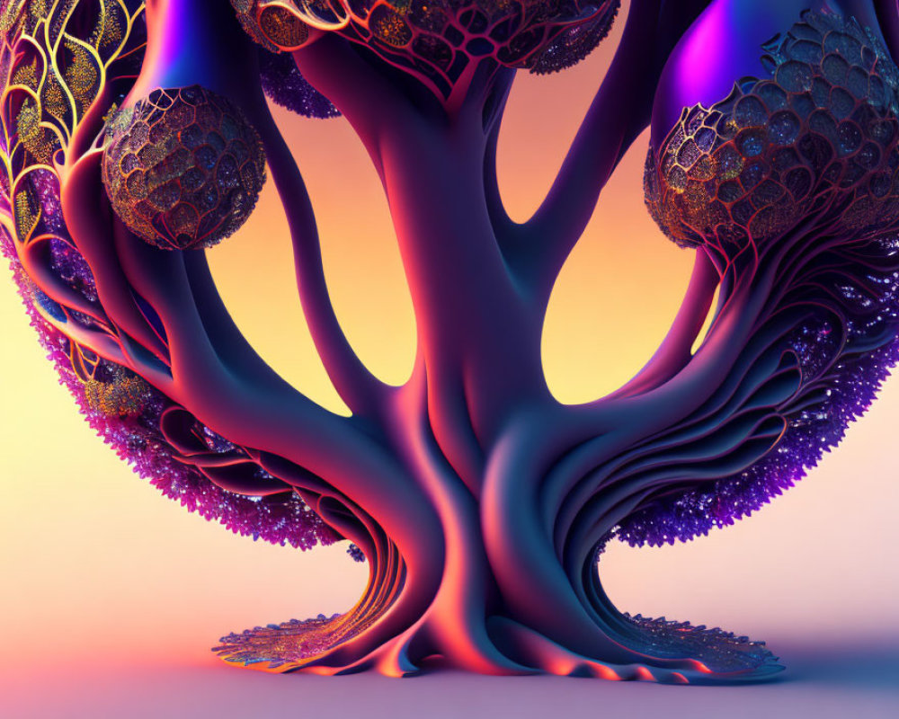 Colorful surreal tree with intricate patterns on canopy against warm background