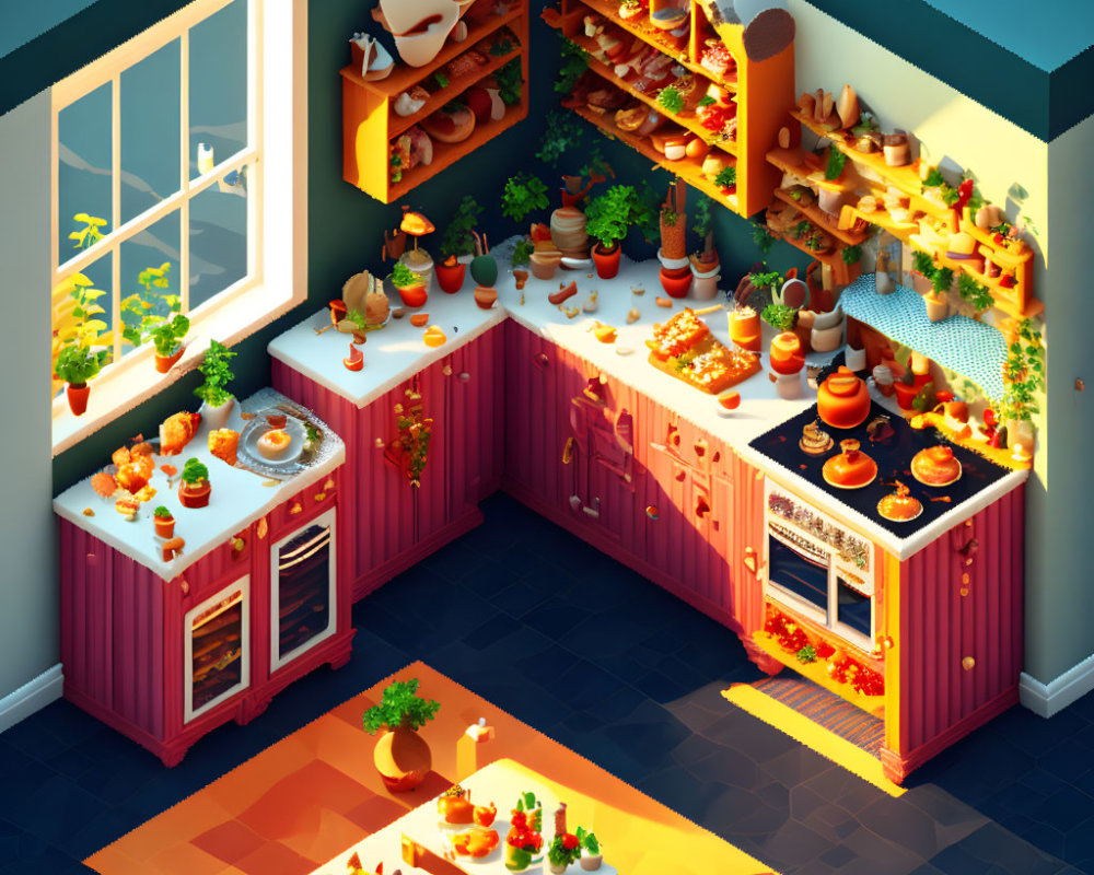 Isometric View of Cozy Kitchen with Plants, Ingredients, Red Cabinets, and Dining Table