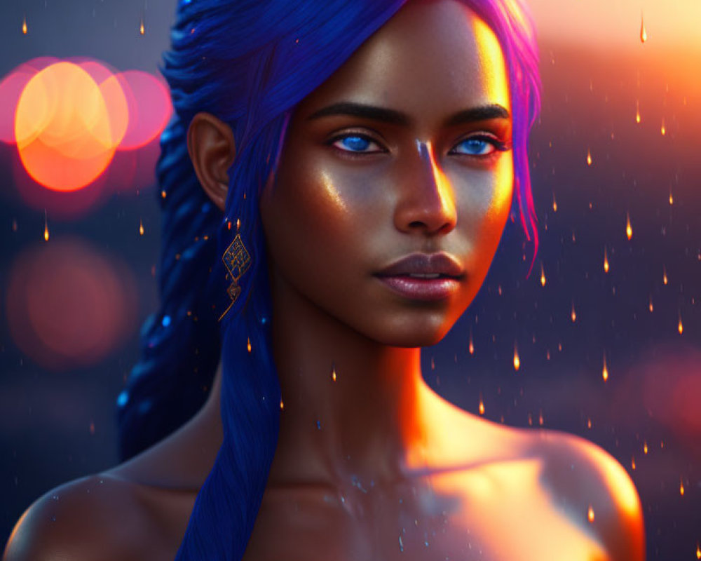 Digital Portrait of Woman with Vibrant Blue Skin, Hair, and Eyes