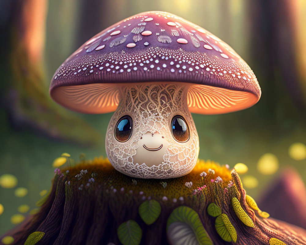 Whimsical mushroom character in enchanted forest illustration