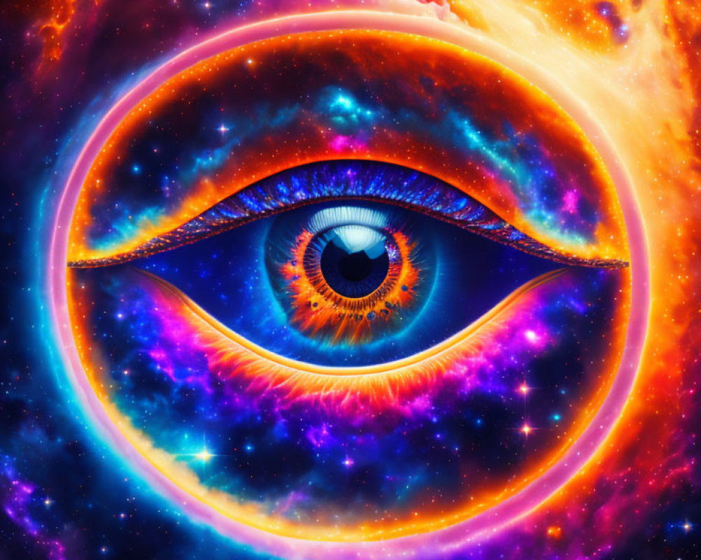 Cosmic eye with galaxy-filled iris and nebulae, blending human element with universe.