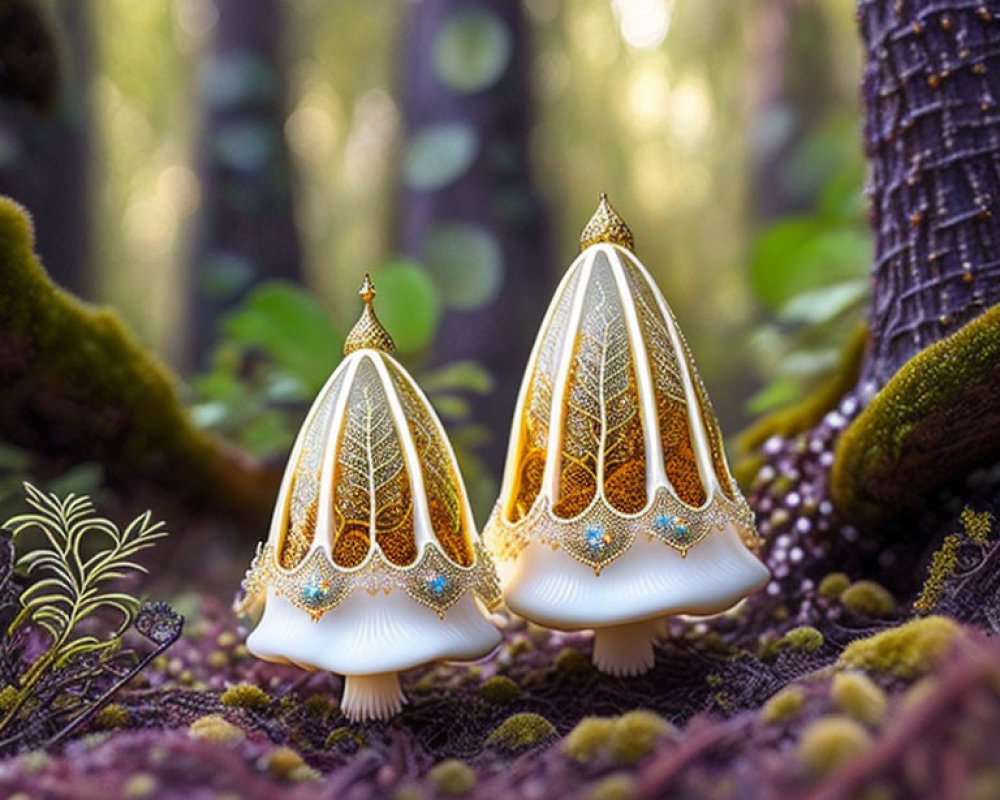 Jewel-Encrusted Mushrooms in Mystical Forest Setting