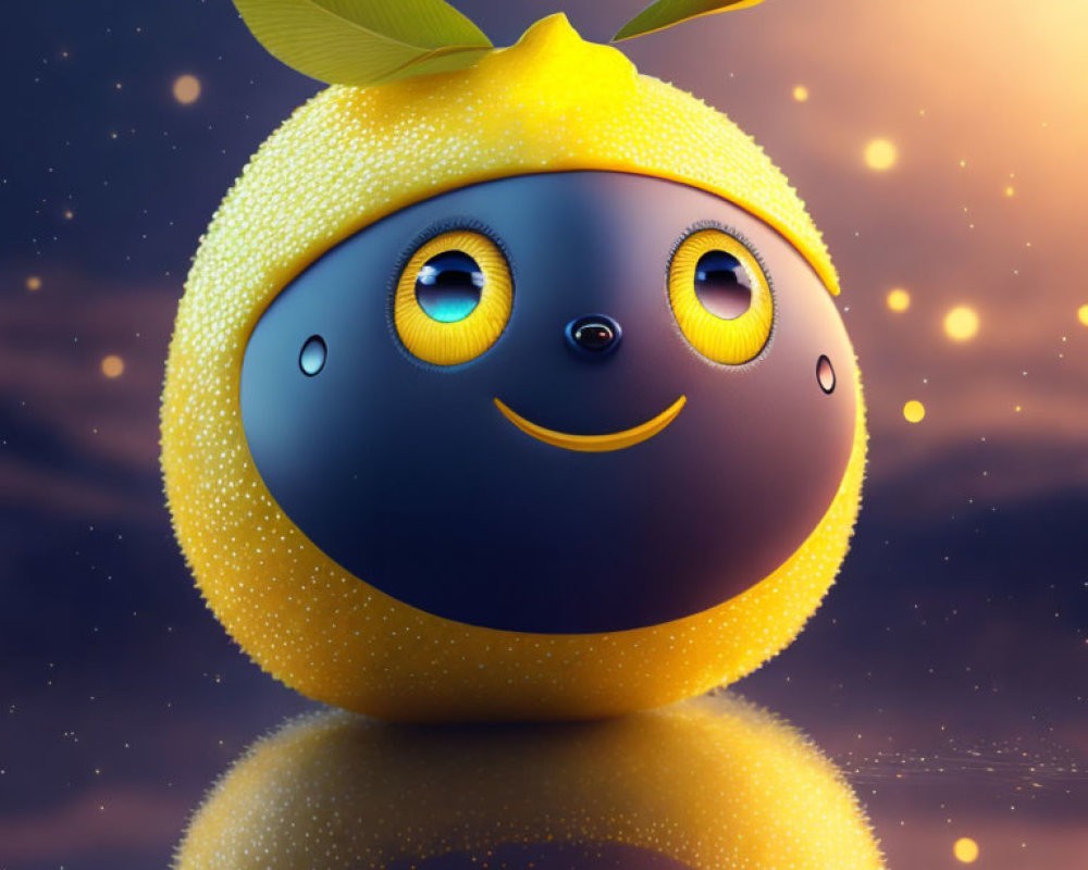 Whimsical 3D black sphere with smiling face, lemon peel, and starry backdrop