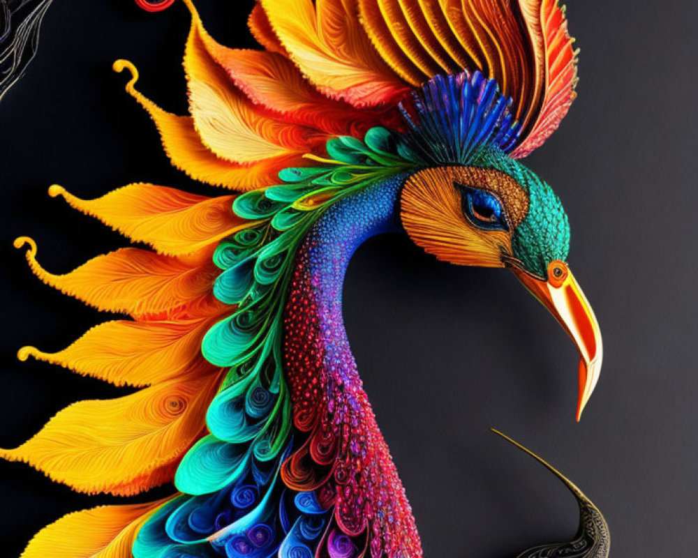 Colorful Three-Dimensional Peacock Art on Black Background