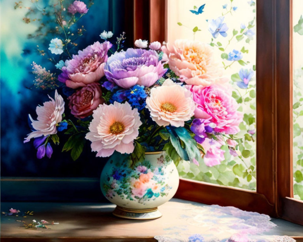 Colorful Flower Bouquet in Painted Vase with Window Light and Butterflies