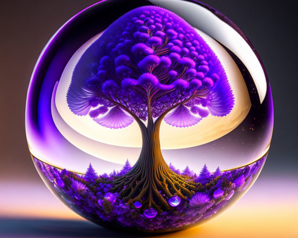 Surreal tree with purple foliage in reflective sphere on warm gradient background