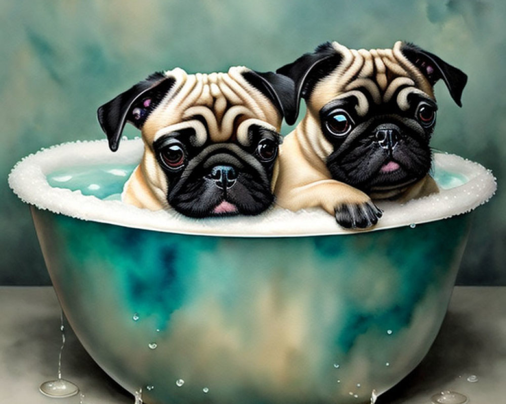 Two expressive pug puppies in a bubble-filled bathtub.
