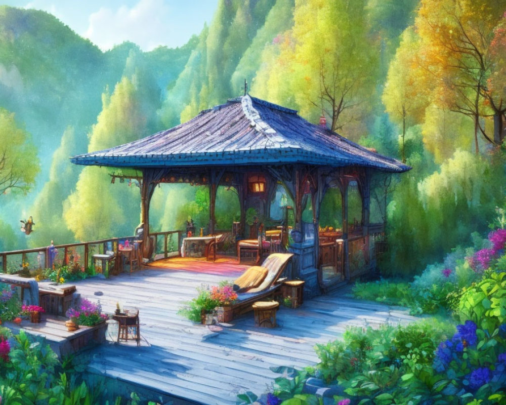 Serene illustration of wooden gazebo in lush garden