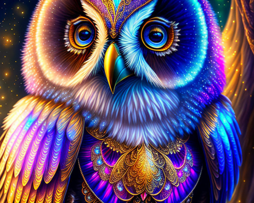 Vibrant Owl Artwork in Blue, Purple, and Gold with Intricate Patterns