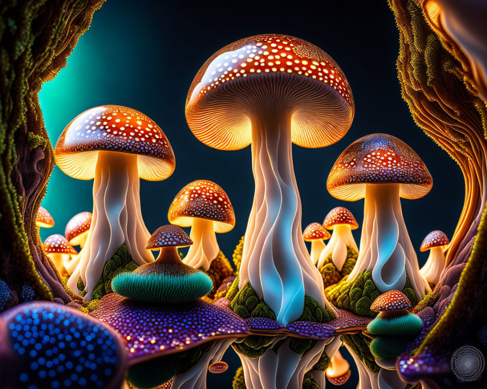 Fantastical glowing mushroom digital art in colorful forest