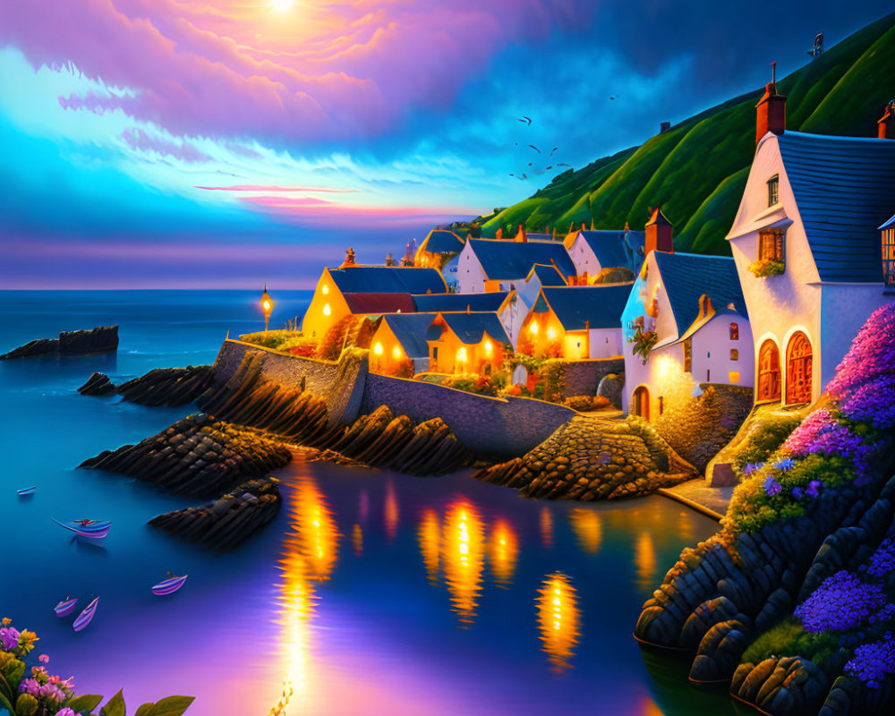 Picturesque Coastal Village Sunset Scene with Illuminated Cottages, Colorful Flora, Calm