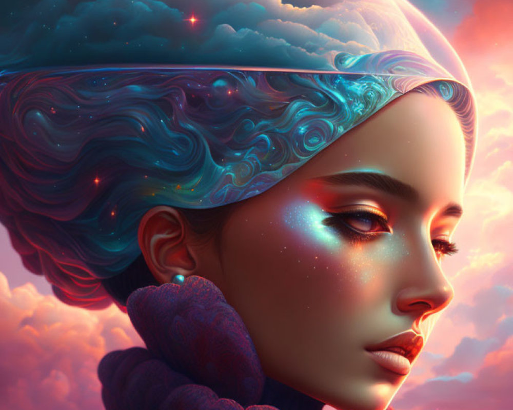 Digital artwork: Woman with cosmic headpiece blending hair with stars and clouds.