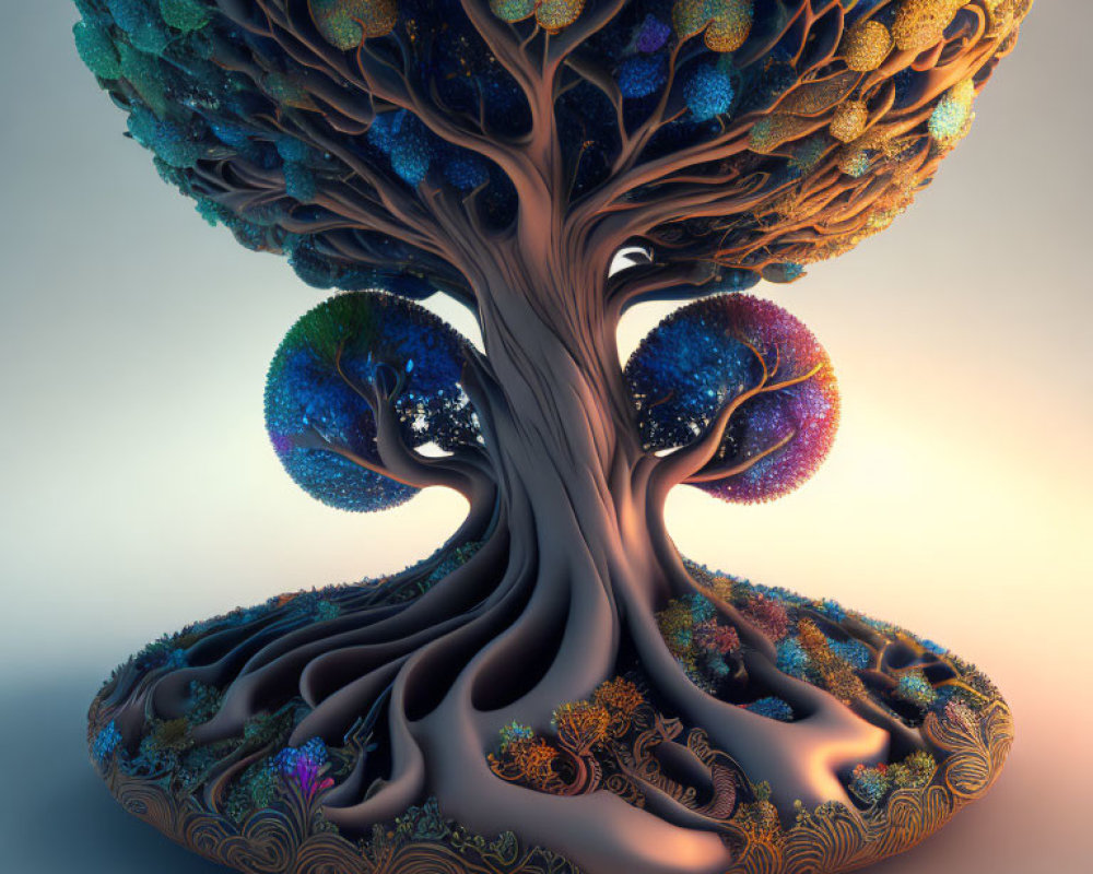 Colorful Fractal Tree with Vibrant Leaves and Intricate Roots