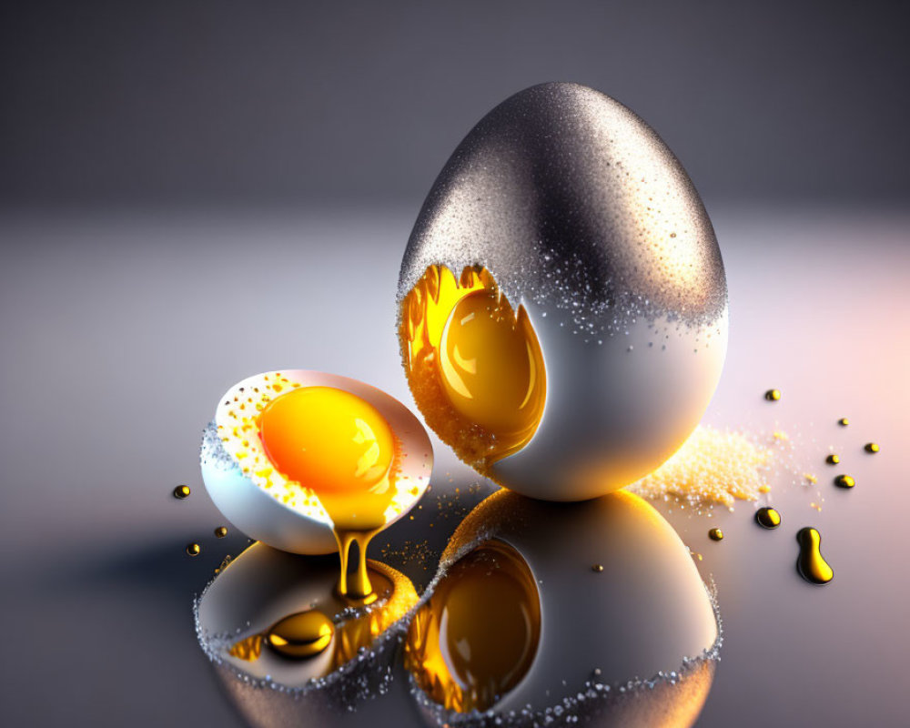 Digital image of glowing golden yolk spilled from egg on reflective surface