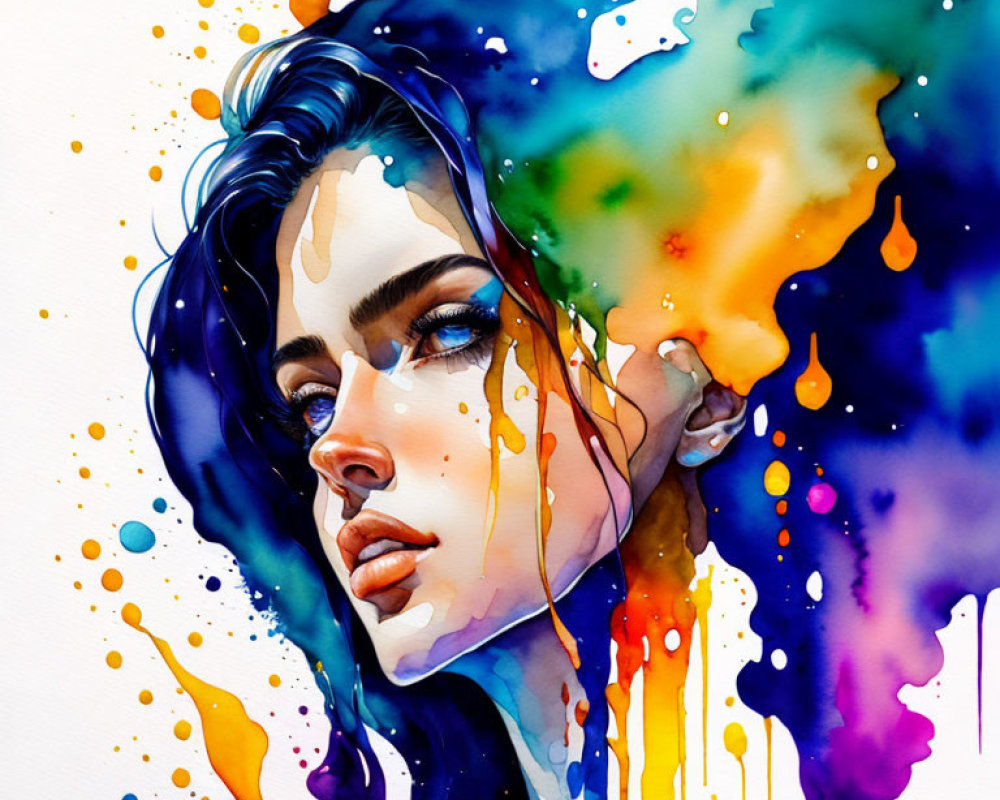 Colorful Watercolor Illustration of Woman with Abstract Elements