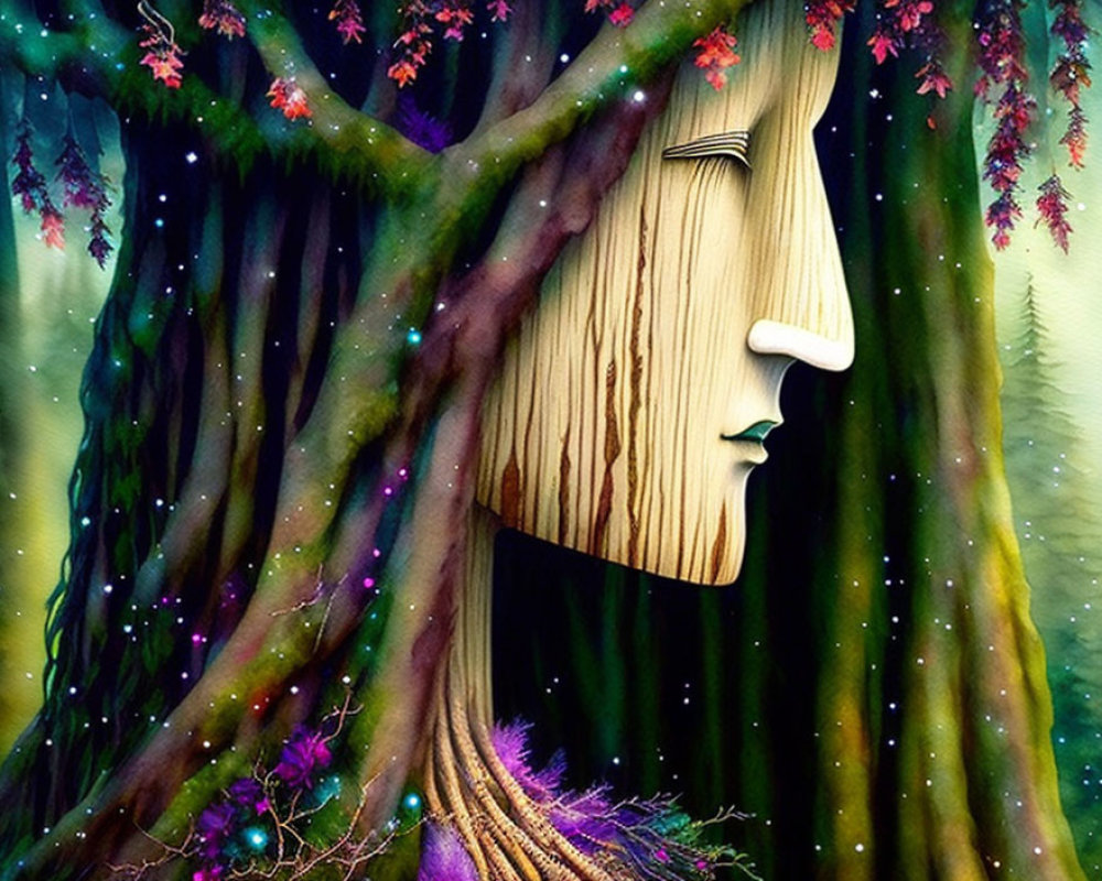 Human face blended into tree trunk surrounded by colorful foliage and mystical lights