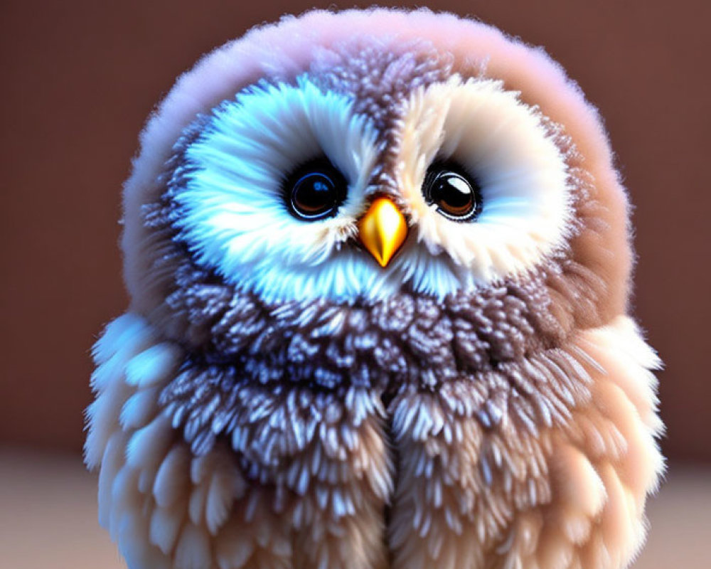 Fluffy animated owl with large eyes on brown background