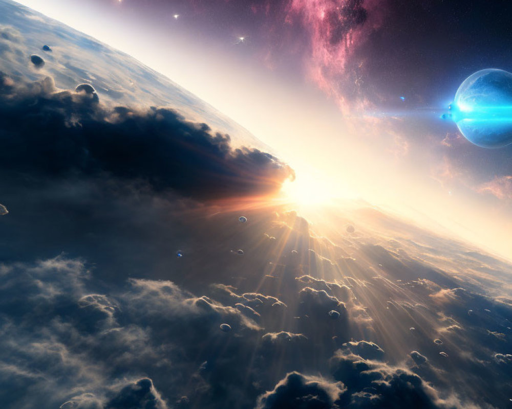 Colorful cosmic scene: sun, planet, clouds, celestial bodies, nebula