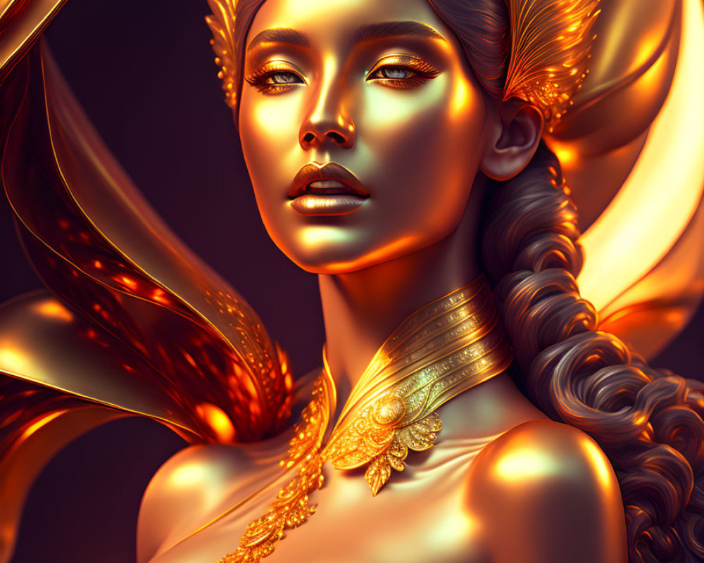 Golden-skinned woman with intricate headdress and jewelry in warm ambiance