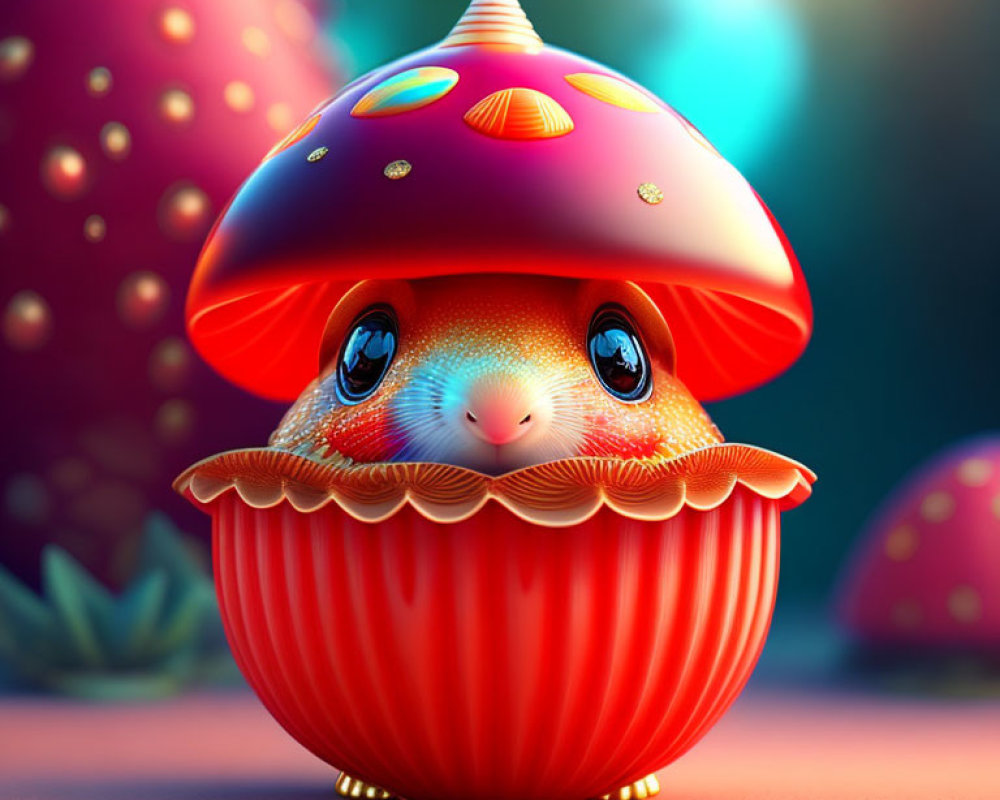 Vibrant whimsical mushroom creature with glossy cap and sparkly eyes