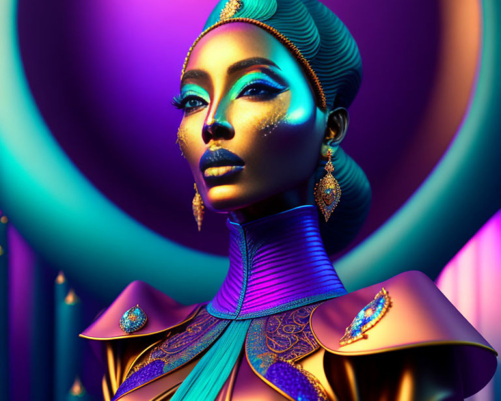 Digital art portrait of woman in golden and blue attire with intricate jewelry on neon-lit background