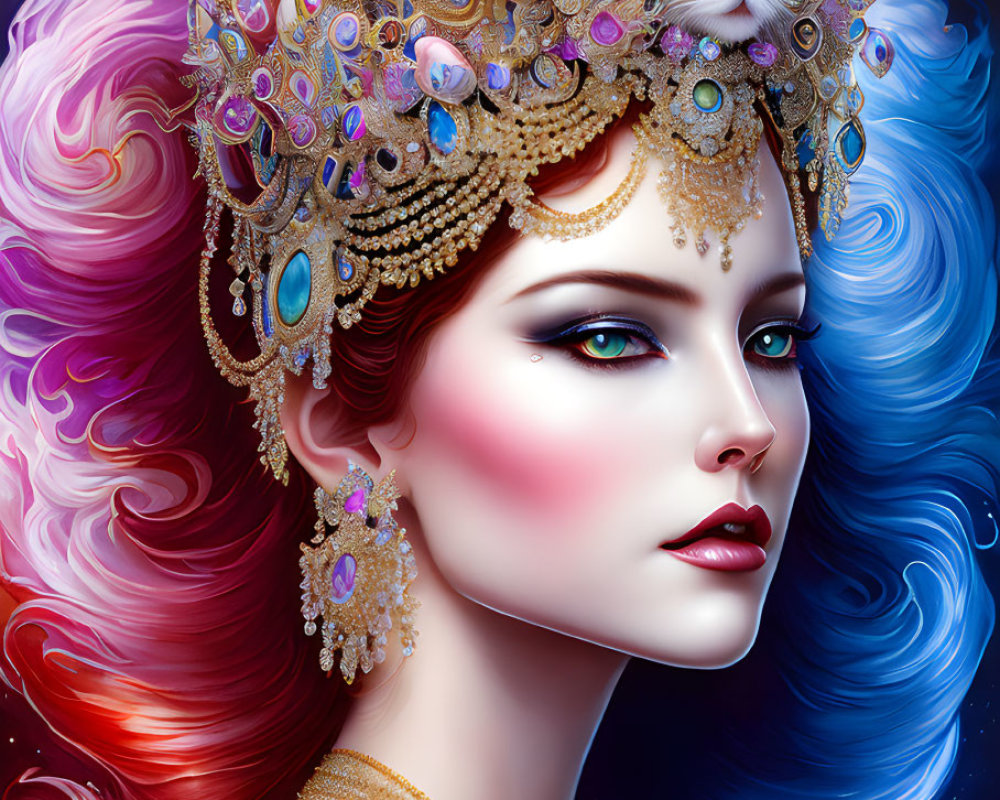 Fantasy portrait of woman with pink and blue wavy hair, adorned with gold crown and cat,