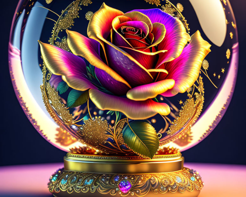 Multicolored rose in transparent orb with golden details on embellished base