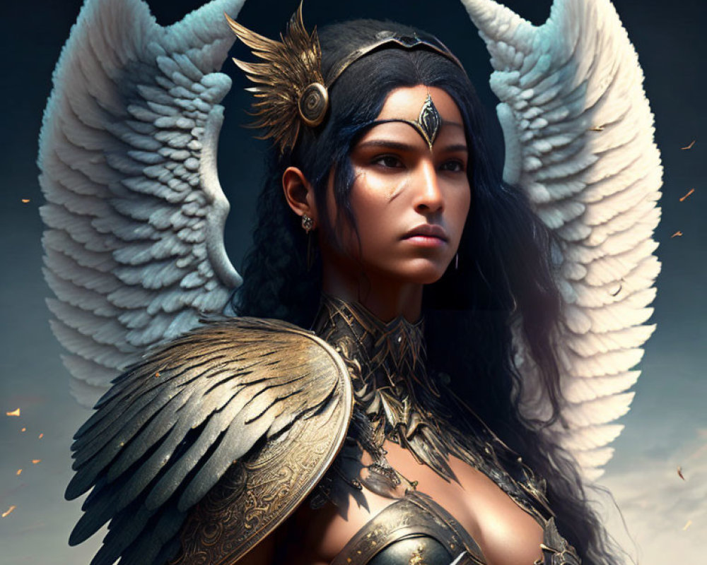 Dark-haired woman in golden armor with white wings on dark background.