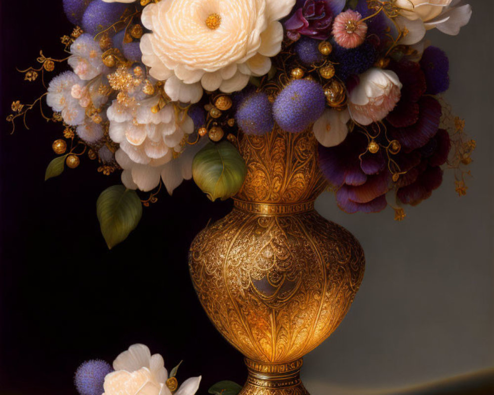 Creamy White and Deep Purple Flowers in Golden Ornate Vase