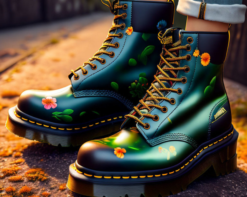 Green Floral-Patterned Boots with Yellow Laces on Fall Path at Sunset