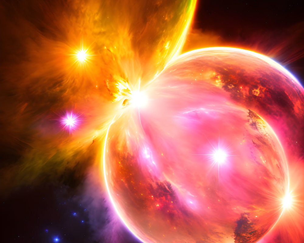 Colorful celestial scene with radiant planet and bright stars