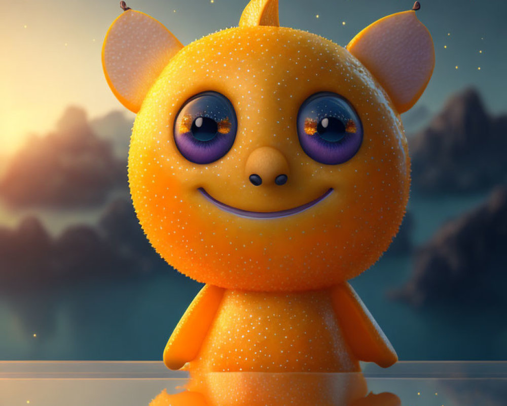 Orange animated creature with purple eyes against mountain backdrop