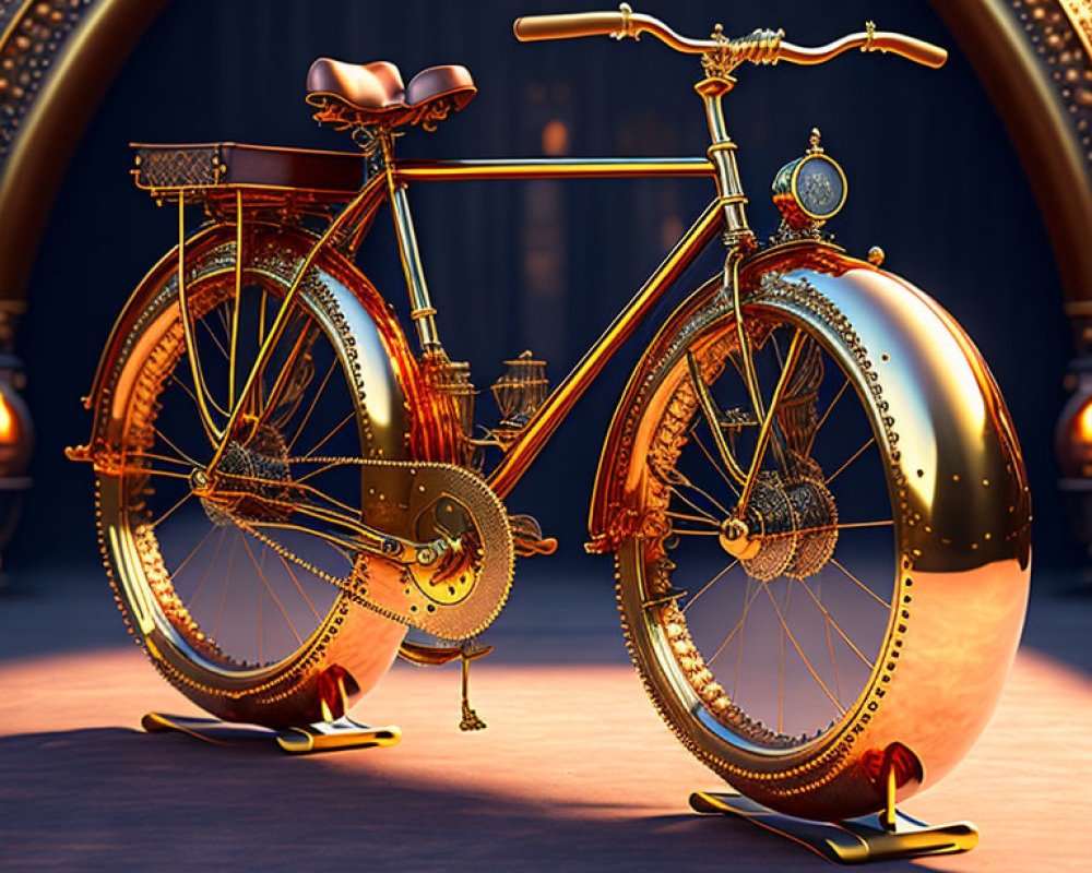 Detailed Vintage Golden Bicycle on Wooden Floor with Ornate Elements