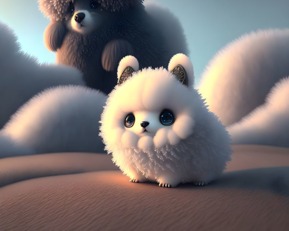 Fluffy Cartoon-Like Creatures Sitting on Softly Lit Surface