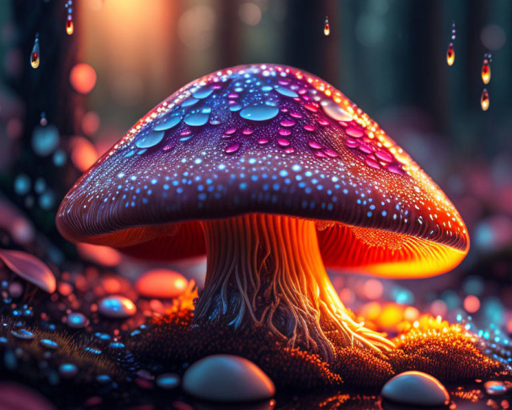 Colorful Dew-Covered Mushroom in Fantasy Forest