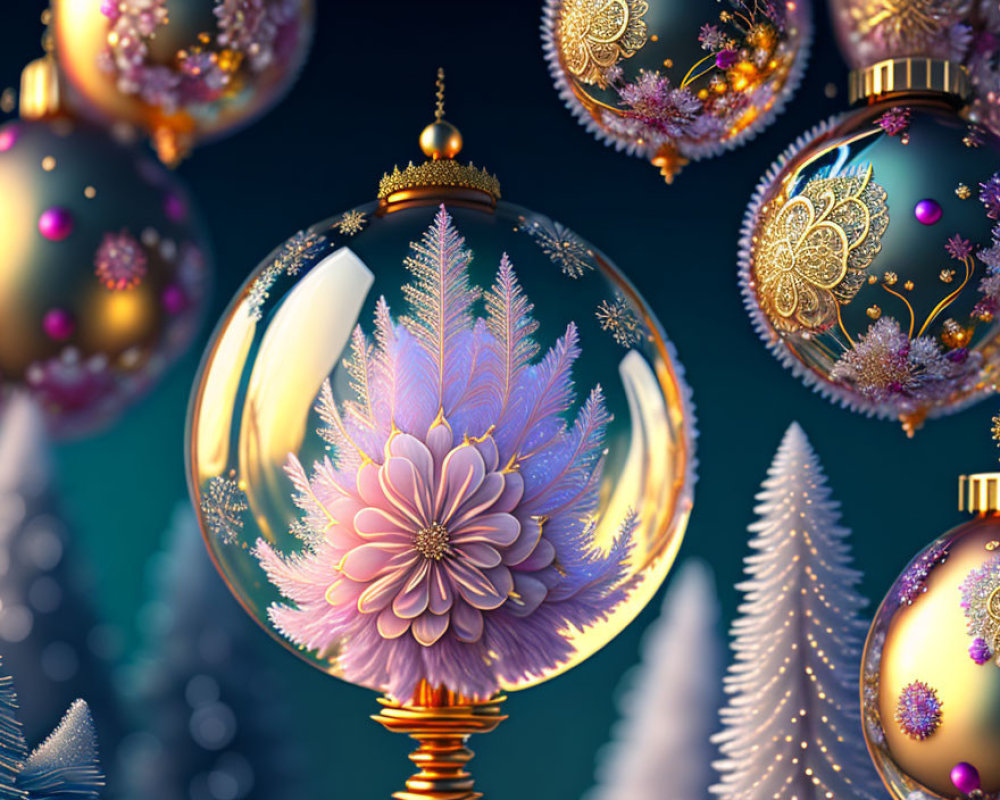 Detailed 3D Christmas baubles with snowflake and floral patterns on festive background
