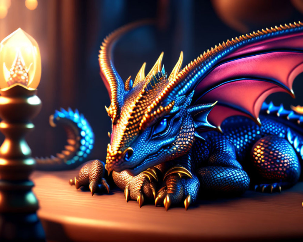 Blue dragon with golden accents next to a lantern on wooden surface