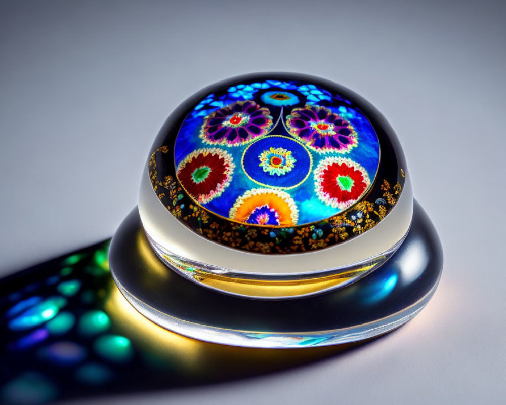 Colorful Floral Pattern Glass Paperweight Reflecting Light