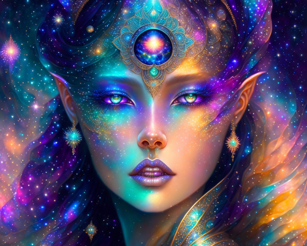 Vibrantly colored mystical female figure with blue skin and luminous purple eyes