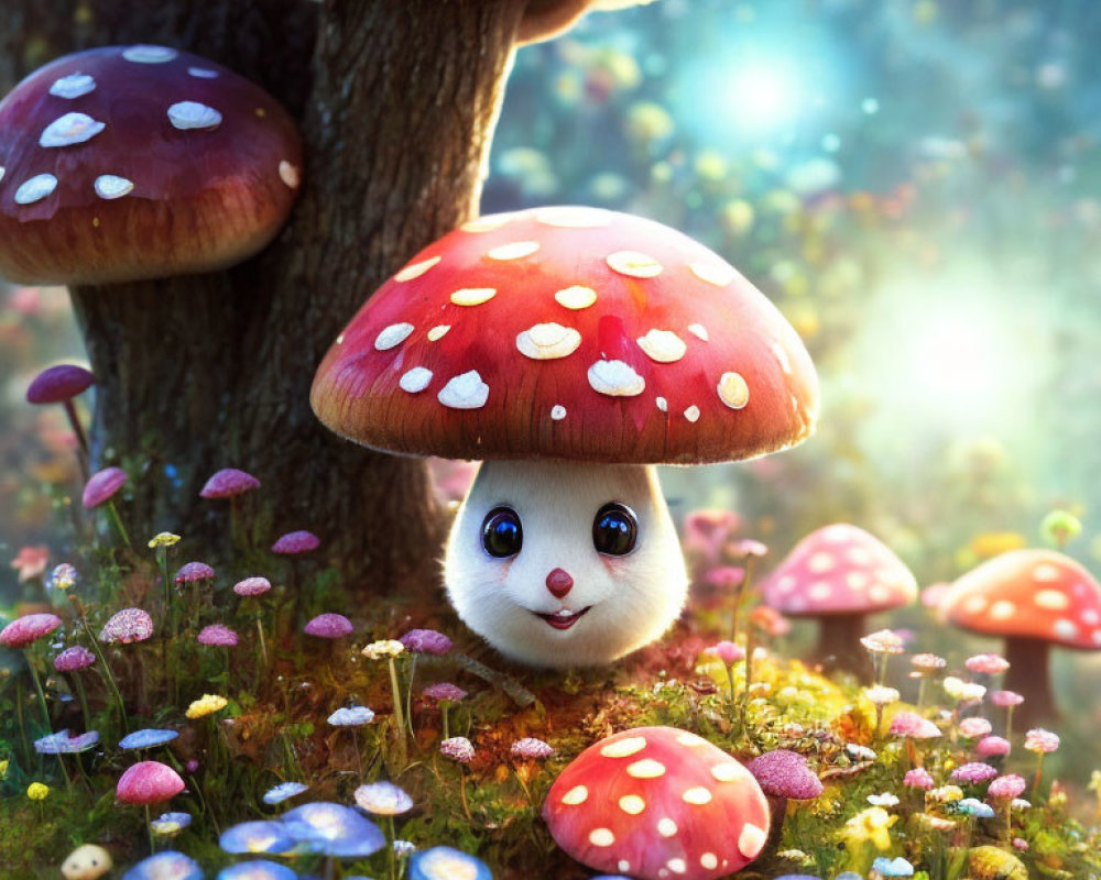 Whimsical illustration of cute creature under red mushroom in enchanting forest