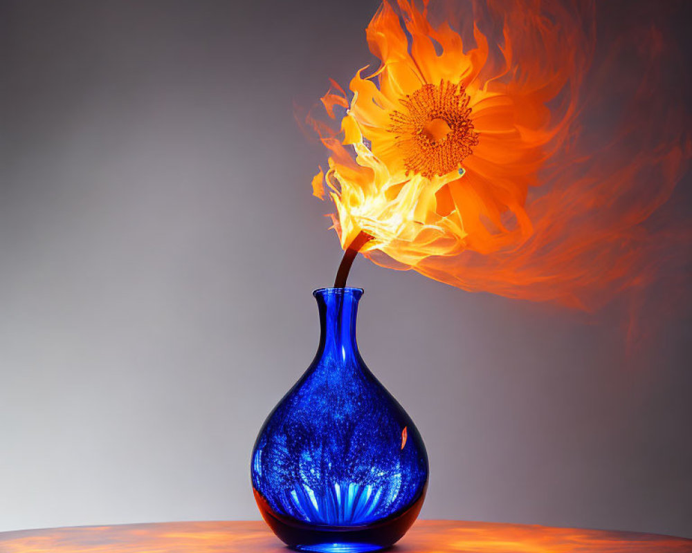 Blue Vase with Fiery Orange Flame on Table Against Gradient Background