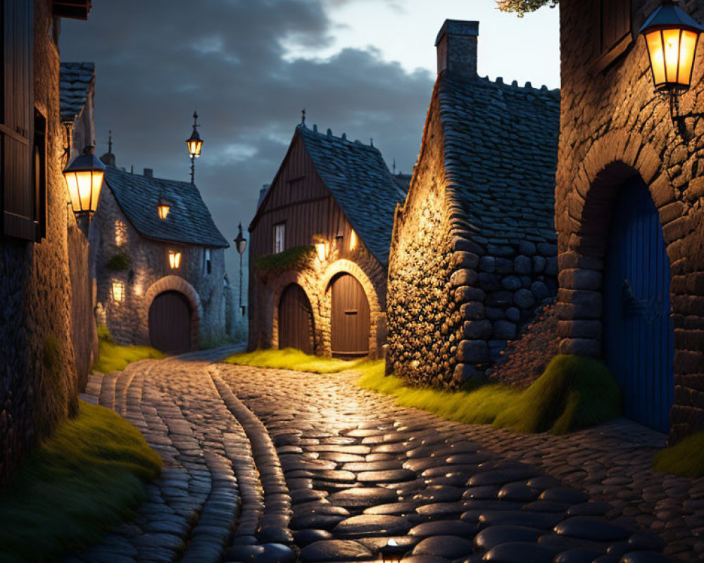 Historic cobblestone street at dusk with stone houses and lanterns