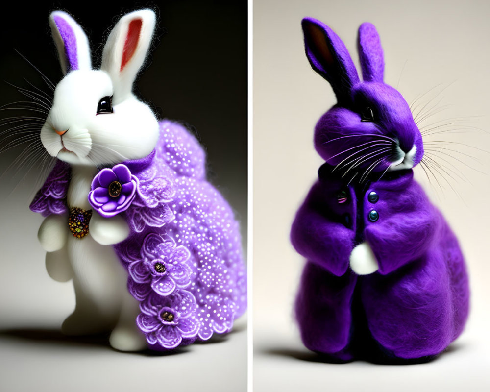 Stylized rabbit figurines: white with lavender flowers, purple with buttoned coat