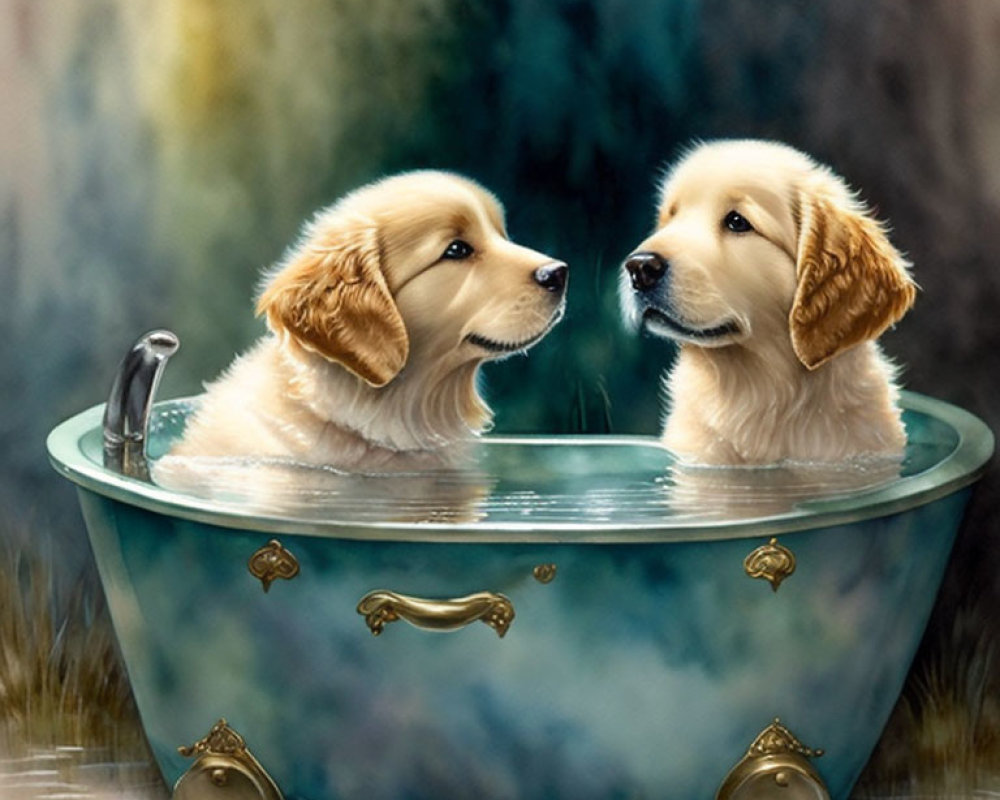 Golden Retriever Puppies in Antique Bathtub with Misty Forest Background